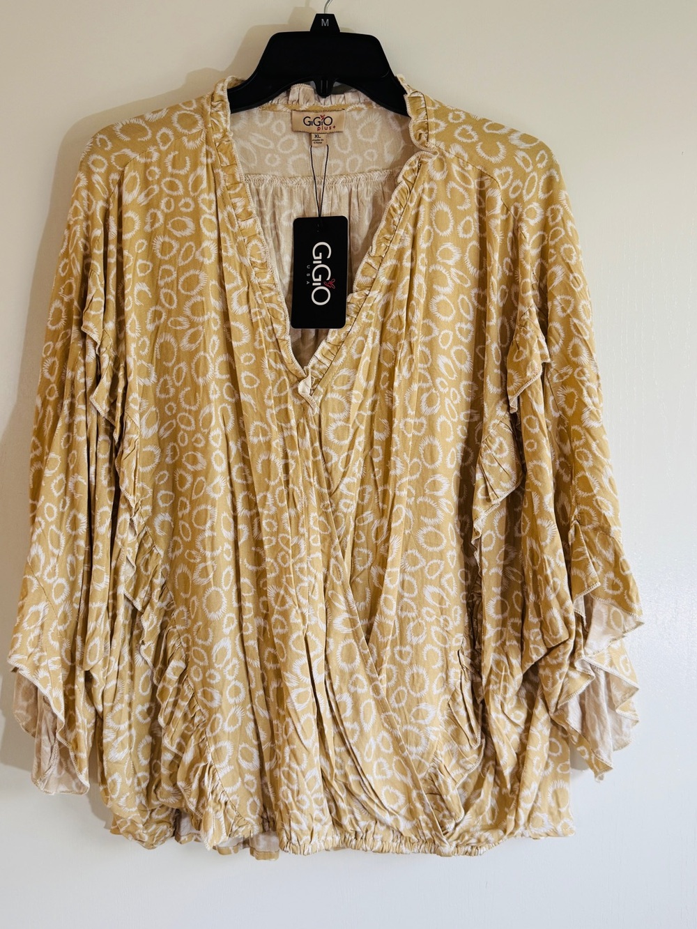 Gigio Beige Ruffle V-Neck Women’s Top Blouse Faux Wrap